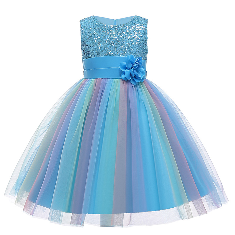 KYAIGUO Toddler Sleeveless Mesh Sequin Dress Rainbow Wedding Party Dress Kids Flower Girl Ball Gown Party Dress Tulle Prom 3-10Y